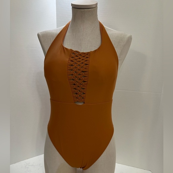 aerie Other - Aerie Brown One-Piece Halter Swimsuit with Lattice Detail
